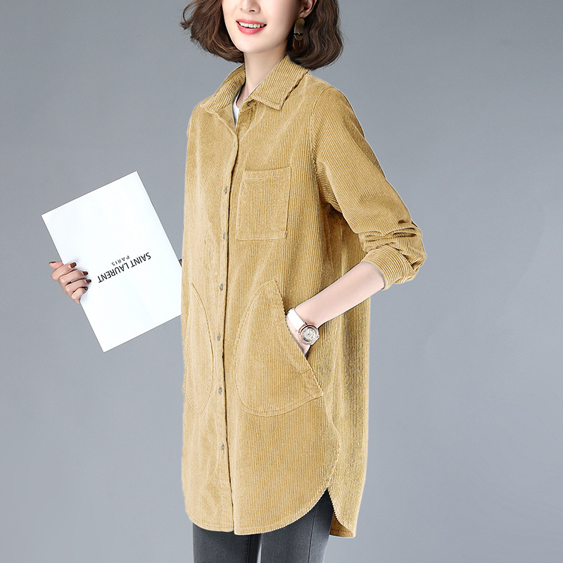 Cămașă corduroy pentru femei cu mâneci lungi, amestec din bumbac-viscoză, croială lejeră, guler rever, lungime medie