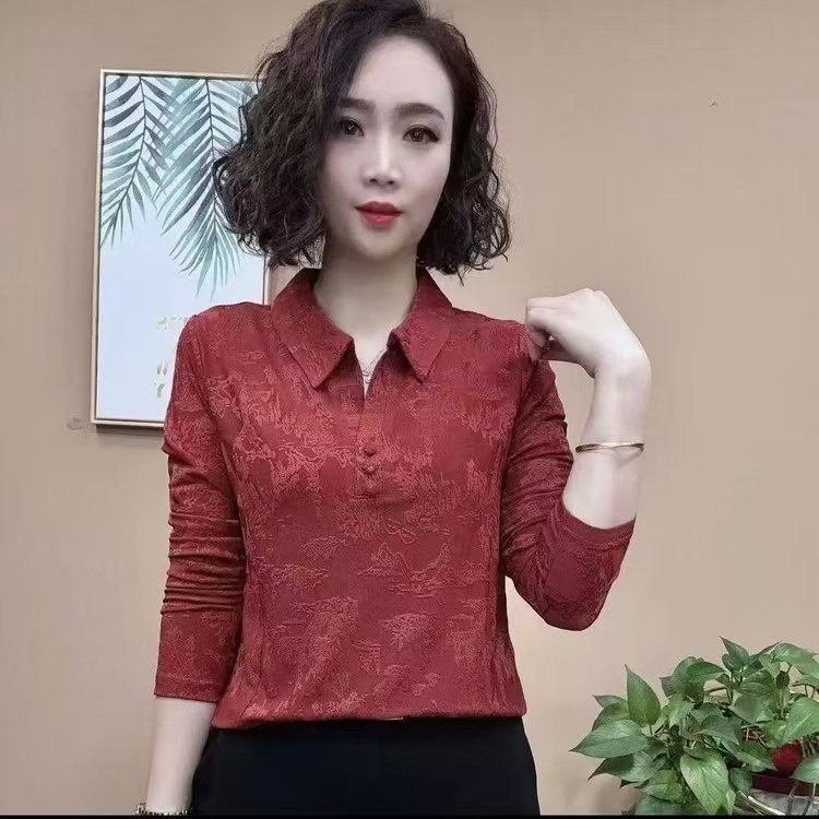 Poliester jacquard bluza s floralnim uzorkom, dugi rukav, uski kroj, ovratnik košulje
