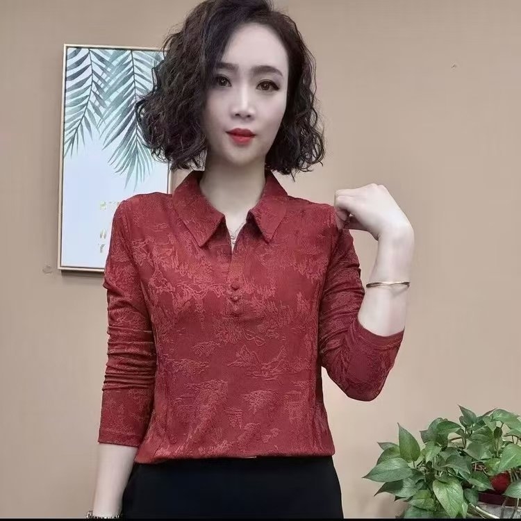 Poliester jacquard bluza s floralnim uzorkom, dugi rukav, uski kroj, ovratnik košulje
