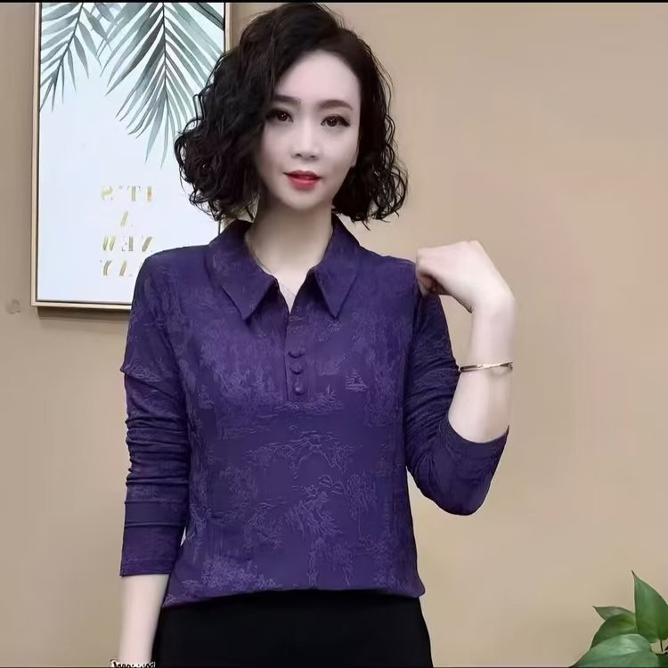 Poliester jacquard bluza s floralnim uzorkom, dugi rukav, uski kroj, ovratnik košulje