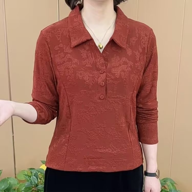 Poliester jacquard bluza s floralnim uzorkom, dugi rukav, uski kroj, ovratnik košulje