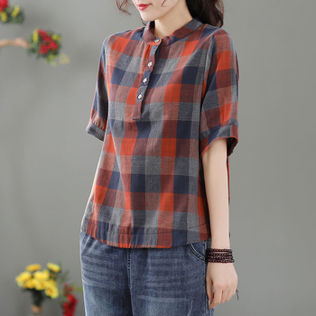 Ženska karirana pulover bluza, plus veličina, opuštena kroj, ljeto 2025, vintage stil