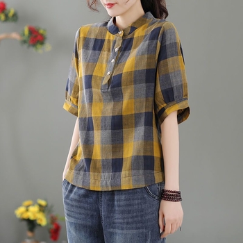 Ženska karirana pulover bluza, plus veličina, opuštena kroj, ljeto 2025, vintage stil