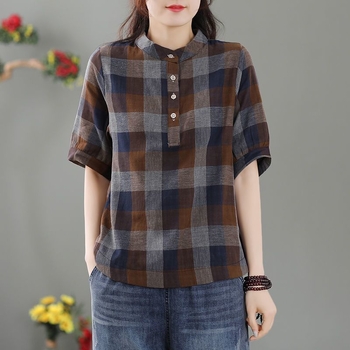Ženska karirana pulover bluza, plus veličina, opuštena kroj, ljeto 2025, vintage stil