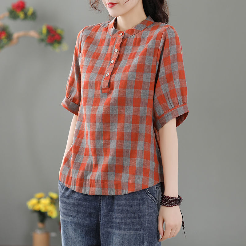 Ženska karirana pulover bluza, plus veličina, opuštena kroj, ljeto 2025, vintage stil
