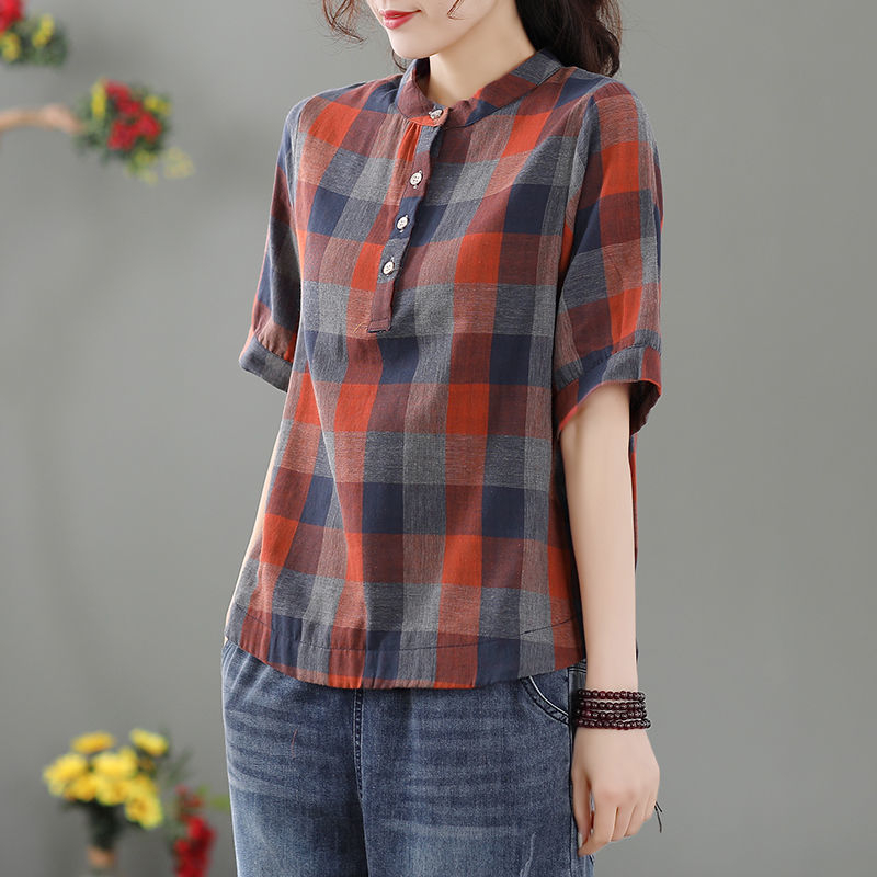 Ženska karirana pulover bluza, plus veličina, opuštena kroj, ljeto 2025, vintage stil