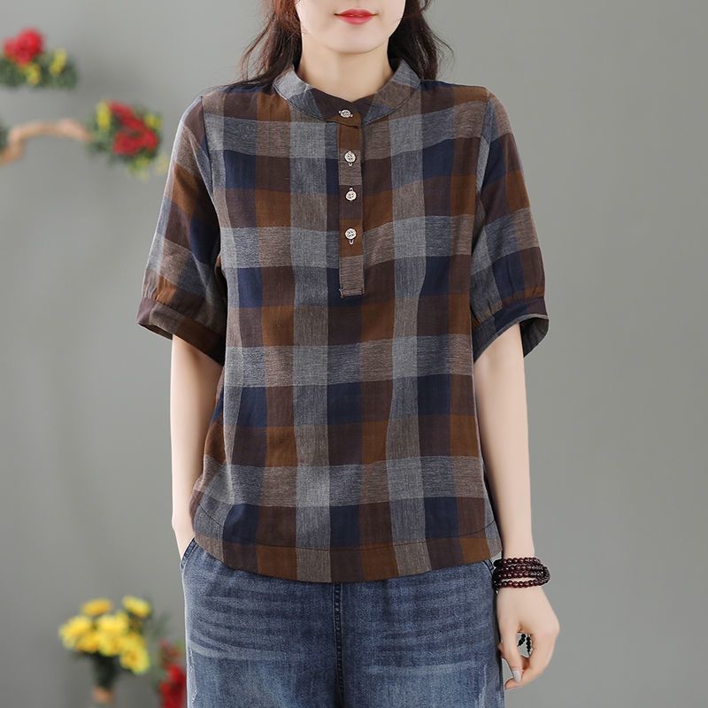 Ženska karirana pulover bluza, plus veličina, opuštena kroj, ljeto 2025, vintage stil