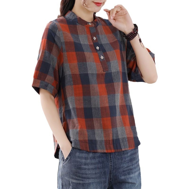 Ženska karirana pulover bluza, plus veličina, opuštena kroj, ljeto 2025, vintage stil