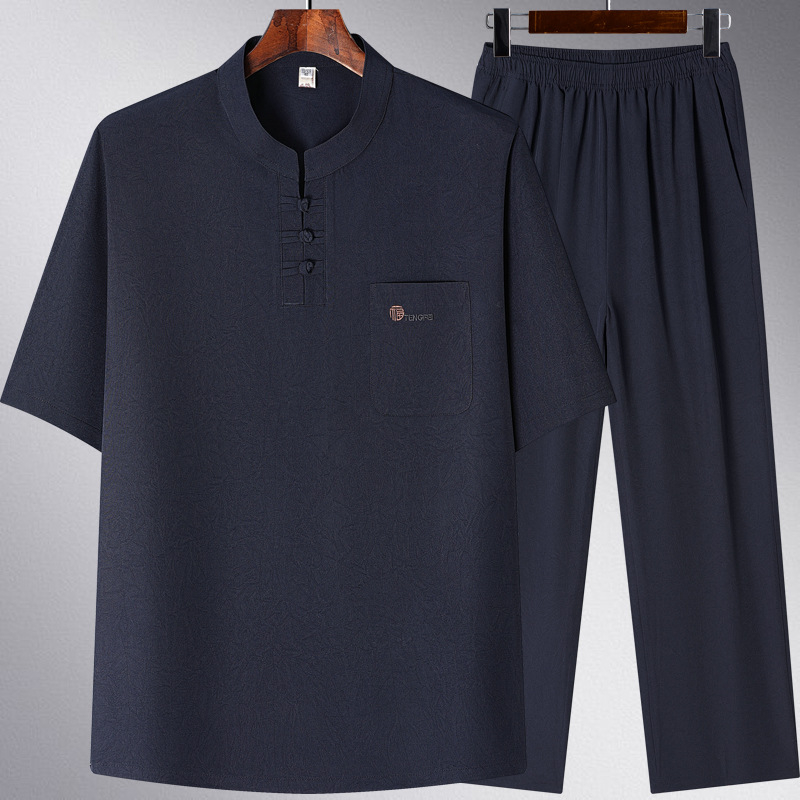 Muška košulja kratkih rukava u Tang stilu za ljeto, za muškarce srednje dobi i starije, led silk materijal, jednobojna, regularni kroj, stojeći ovratnik