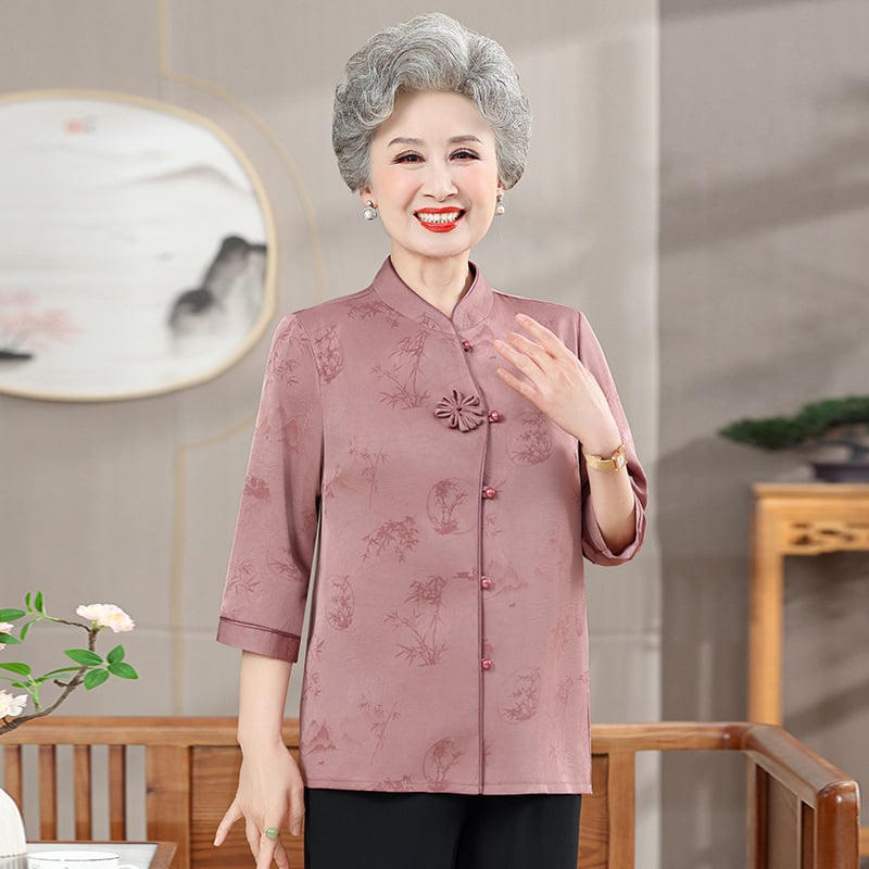 Primăvara 2025, top cu stil chinez pentru femei mature, mâneci 3/4, șifon, poliester ≤30%, stil: temperament și purtare zilnică
