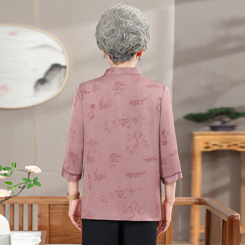 Primăvara 2025, top cu stil chinez pentru femei mature, mâneci 3/4, șifon, poliester ≤30%, stil: temperament și purtare zilnică