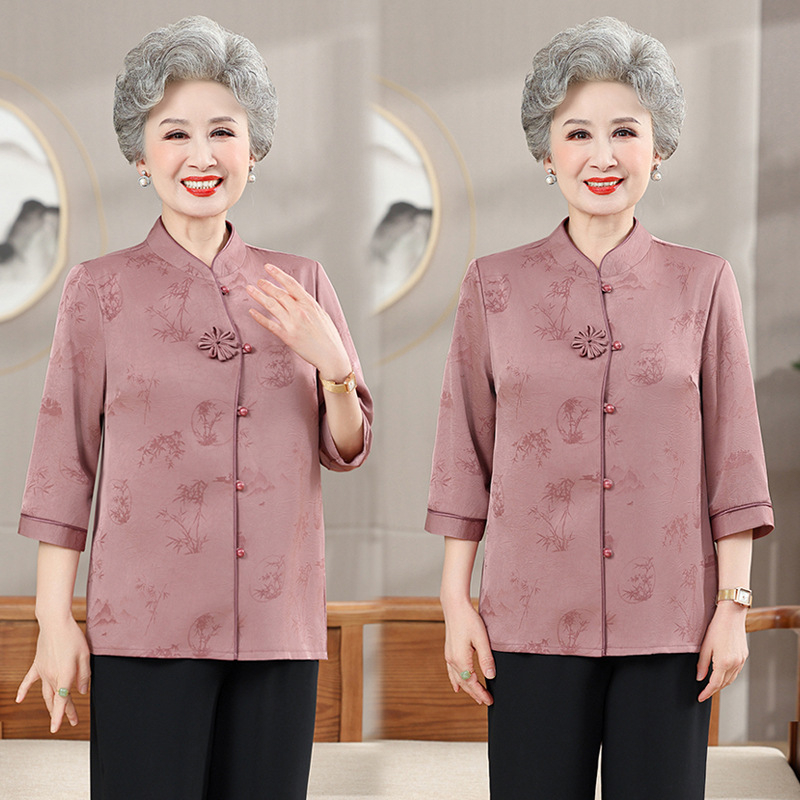 Primăvara 2025, top cu stil chinez pentru femei mature, mâneci 3/4, șifon, poliester ≤30%, stil: temperament și purtare zilnică