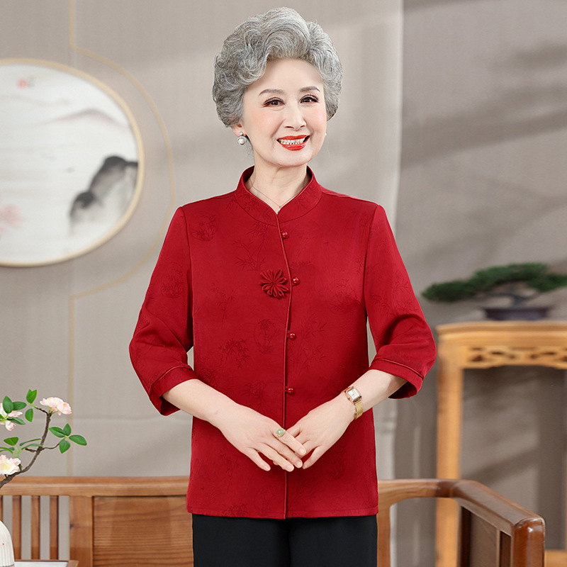 Primăvara 2025, top cu stil chinez pentru femei mature, mâneci 3/4, șifon, poliester ≤30%, stil: temperament și purtare zilnică