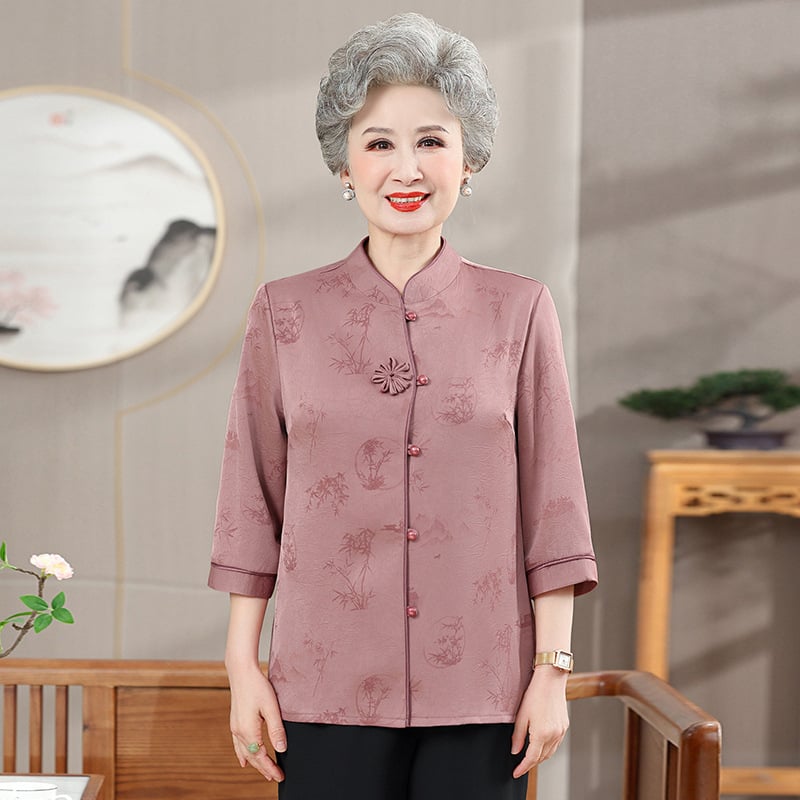 Primăvara 2025, top cu stil chinez pentru femei mature, mâneci 3/4, șifon, poliester ≤30%, stil: temperament și purtare zilnică