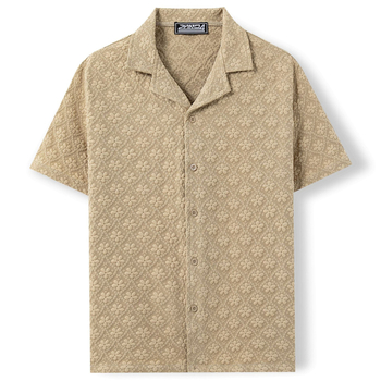 2AND4 Jacquard poliészter ing kubai gallérral, rövid ujjú, egyszínű, 96%+ poliészter