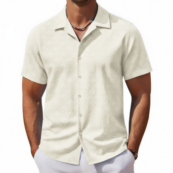 2AND4 Jacquard poliészter ing kubai gallérral, rövid ujjú, egyszínű, 96%+ poliészter