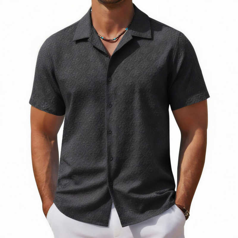 2AND4 Jacquard poliészter ing kubai gallérral, rövid ujjú, egyszínű, 96%+ poliészter