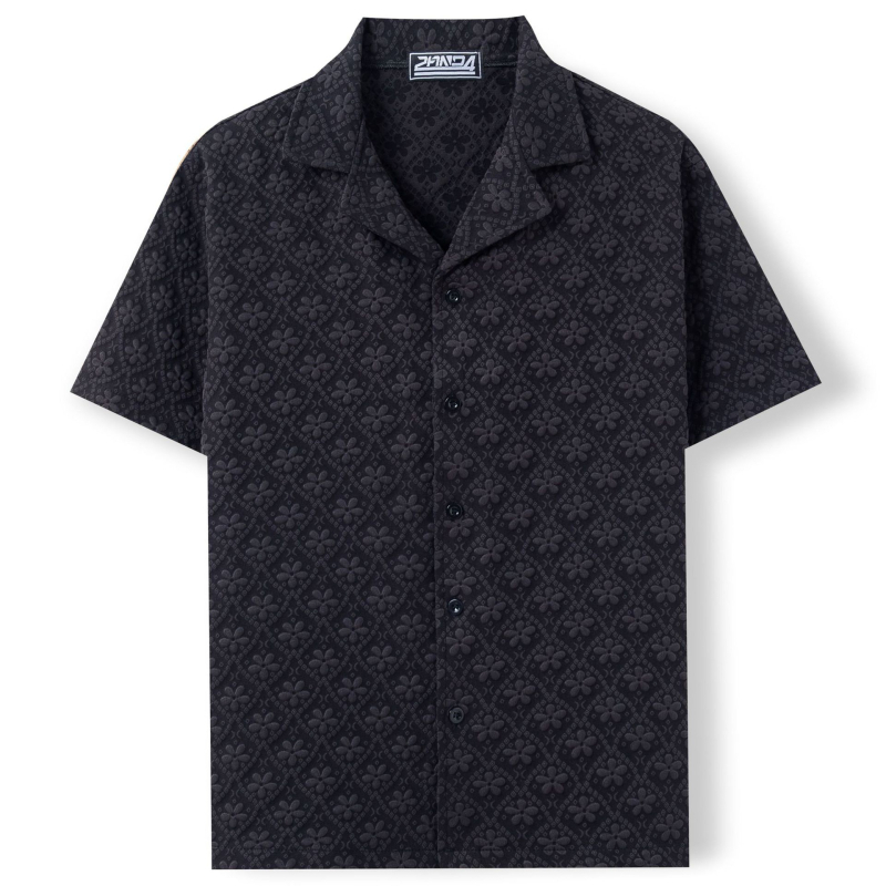 2AND4 Jacquard poliészter ing kubai gallérral, rövid ujjú, egyszínű, 96%+ poliészter