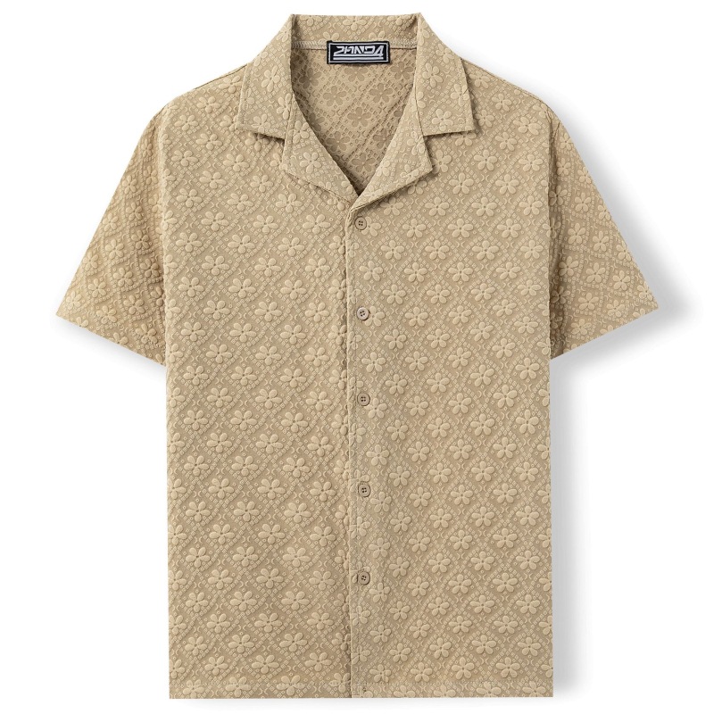 2AND4 Jacquard poliészter ing kubai gallérral, rövid ujjú, egyszínű, 96%+ poliészter