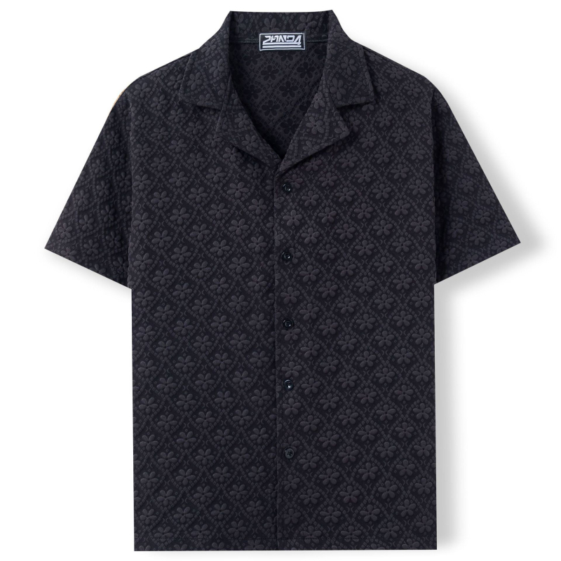 2AND4 Jacquard poliészter ing kubai gallérral, rövid ujjú, egyszínű, 96%+ poliészter