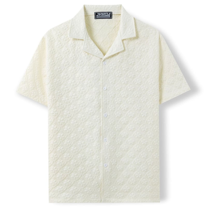 2AND4 Jacquard poliészter ing kubai gallérral, rövid ujjú, egyszínű, 96%+ poliészter