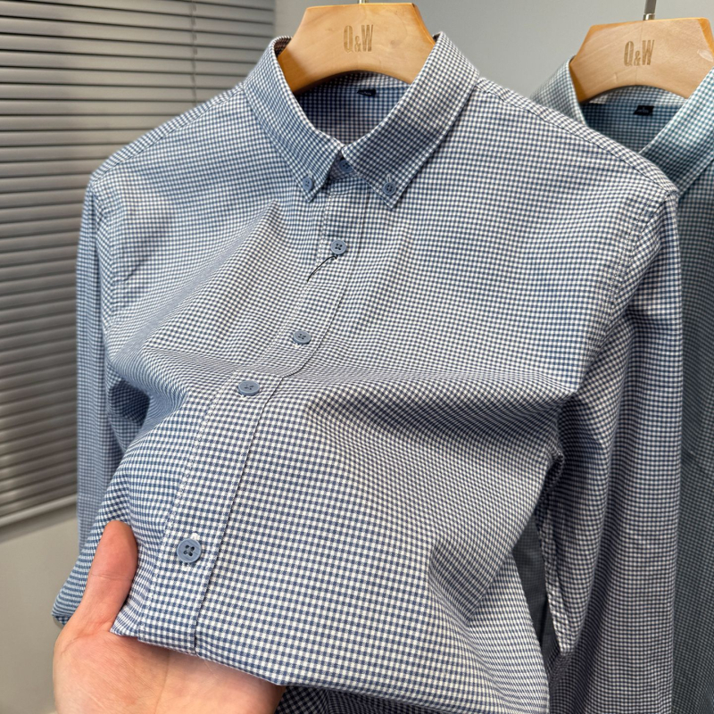 Muška košulja od pamuka s malim karom, dugi rukav, ležerni jesenski stil
