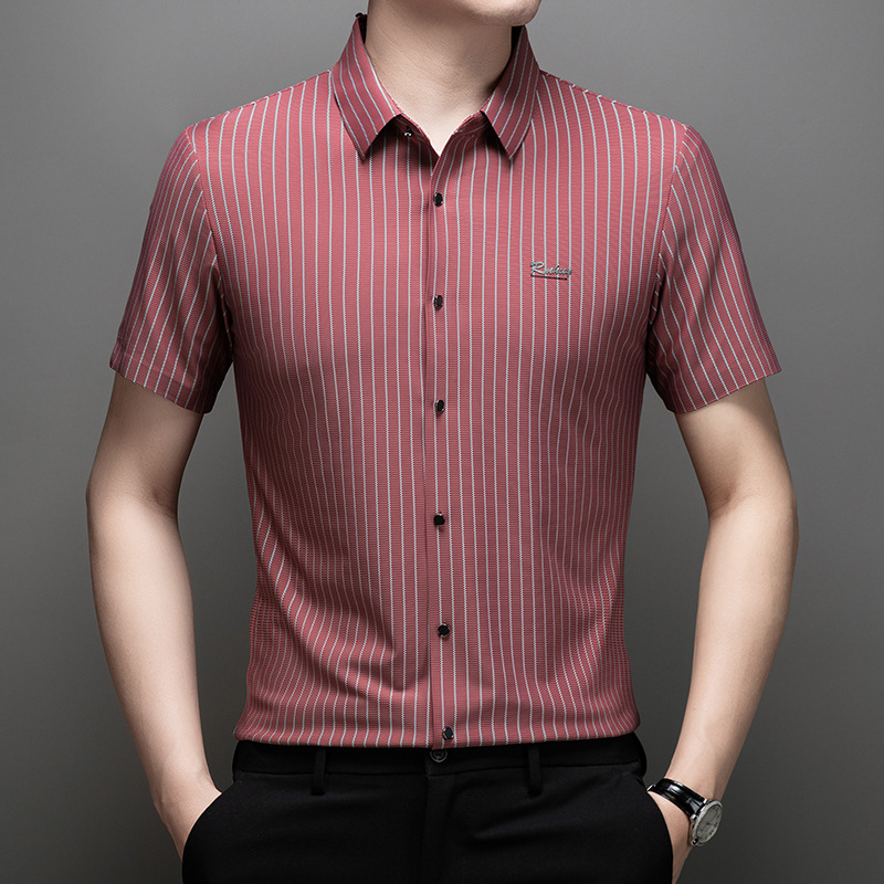 Cămașă de bărbați cu mânecă scurtă, în dungi, croială lejeră, vopsire prin fire (yarn-dyed), amestec cu spandex 31-50%, vară