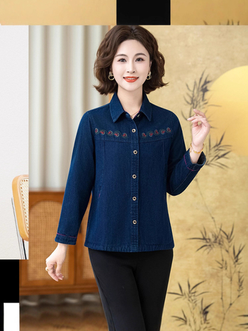 Cămașă din bumbac pentru femei - mâneci lungi, croială lejeră, broderie, toamnă 2025, 95% bumbac