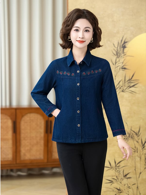 Cămașă din bumbac pentru femei - mâneci lungi, croială lejeră, broderie, toamnă 2025, 95% bumbac