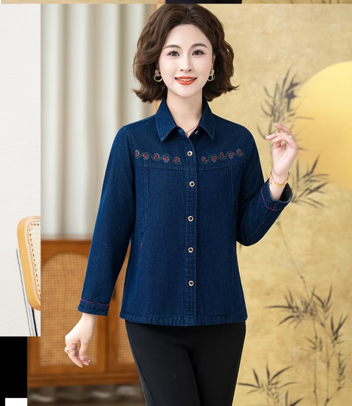 Cămașă din bumbac pentru femei - mâneci lungi, croială lejeră, broderie, toamnă 2025, 95% bumbac