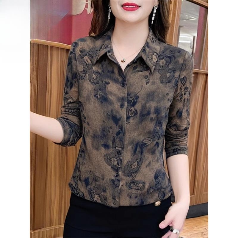 Bluza cu mânecă lungă, print vintage halo, pentru persoane de vârstă mijlocie și în vârstă, croială lejeră, poliester (>95%), lansare primăvara 2025, potrivită pentru deplasări/serviciu, cusătură la temperatură înaltă