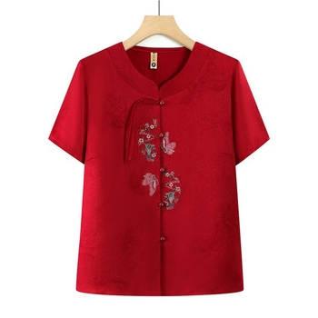 Bluza de vară cu mânecă scurtă, broderie – Stil etnic, amestec bumbac-poliester, pentru vârstnici, colecția vară 2025