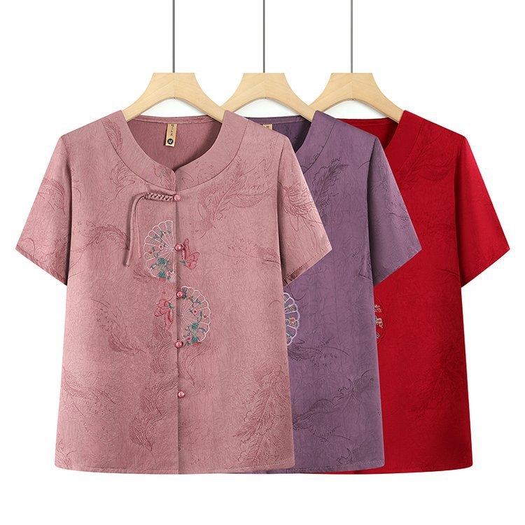 Bluza de vară cu mânecă scurtă, broderie – Stil etnic, amestec bumbac-poliester, pentru vârstnici, colecția vară 2025