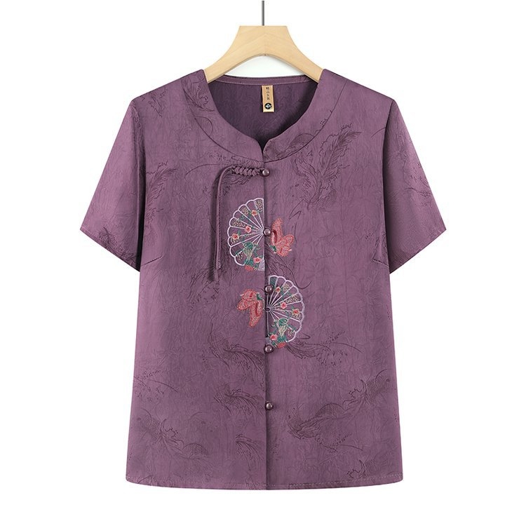 Bluza de vară cu mânecă scurtă, broderie – Stil etnic, amestec bumbac-poliester, pentru vârstnici, colecția vară 2025