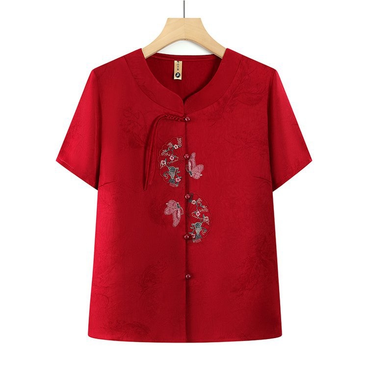 Bluza de vară cu mânecă scurtă, broderie – Stil etnic, amestec bumbac-poliester, pentru vârstnici, colecția vară 2025