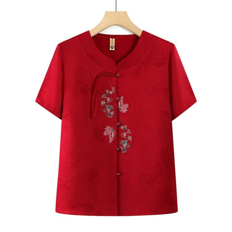 Bluza de vară cu mânecă scurtă, broderie – Stil etnic, amestec bumbac-poliester, pentru vârstnici, colecția vară 2025