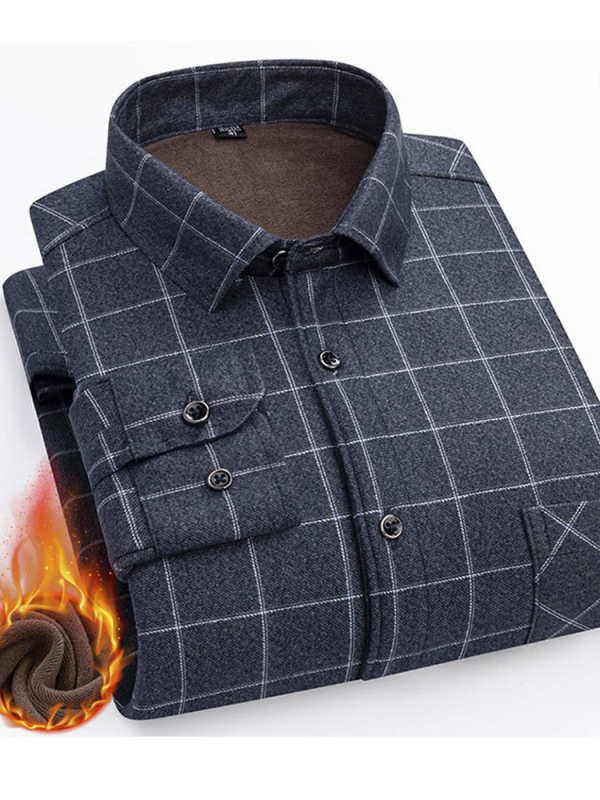 Férfi meleg téli hosszú ujjú ing, laza szabás, négyszögletes gallér, rácsos mintázat, pamut-keverék