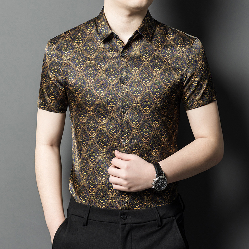 Ανδρικό πουκάμισο από Mulberry silk, κοντό μανίκι, γιακάς τύπου λαπέλ, διαπνέον, απομακρύνει την υγρασία, χωρίς σιδέρωμα, καλοκαιρινό business casual.