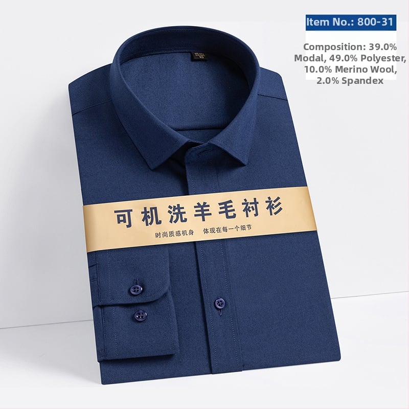 Αντρικό πουκάμισο από μείγμα μαλλιού-Modal, τετράγωνος γιακάς, μακριά μανίκια, ελαφρύ καθημερινό στυλ, πλένεται στο πλυντήριο