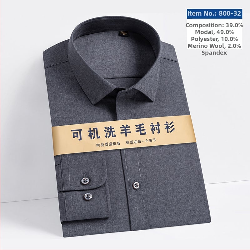 Αντρικό πουκάμισο από μείγμα μαλλιού-Modal, τετράγωνος γιακάς, μακριά μανίκια, ελαφρύ καθημερινό στυλ, πλένεται στο πλυντήριο