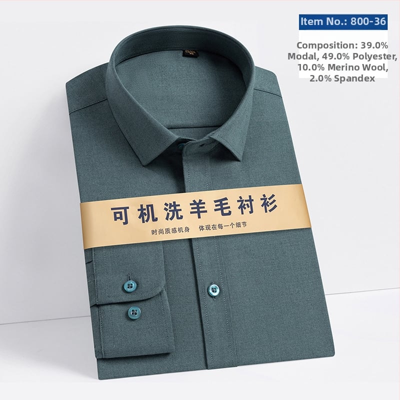 Αντρικό πουκάμισο από μείγμα μαλλιού-Modal, τετράγωνος γιακάς, μακριά μανίκια, ελαφρύ καθημερινό στυλ, πλένεται στο πλυντήριο