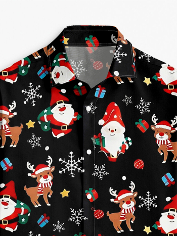 Ανδρικό χριστουγεννιάτικο πουκάμισο με μακριά μανίκια, γιακά πέτο, χριστουγεννιάτικo μοτίβο, 100% πολυεστέρας, ψηφιακή εκτύπωση
