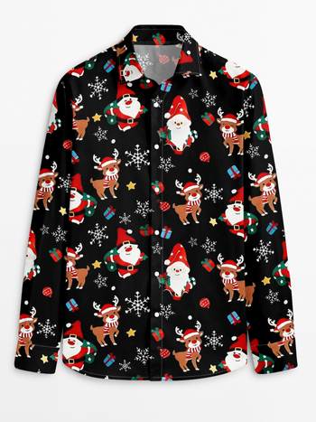 Ανδρικό χριστουγεννιάτικο πουκάμισο με μακριά μανίκια, γιακά πέτο, χριστουγεννιάτικo μοτίβο, 100% πολυεστέρας, ψηφιακή εκτύπωση