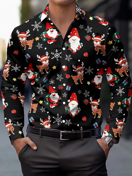 Cămașă de Crăciun pentru bărbați, mânecă lungă, guler rever, imprimeu Crăciun, 100% poliester, imprimare digitală