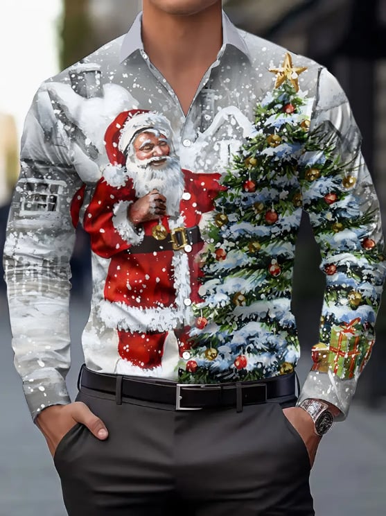 Ανδρικό χριστουγεννιάτικο πουκάμισο με μακριά μανίκια, γιακά πέτο, χριστουγεννιάτικo μοτίβο, 100% πολυεστέρας, ψηφιακή εκτύπωση