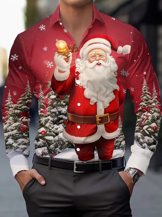 Ανδρικό χριστουγεννιάτικο πουκάμισο με μακριά μανίκια, γιακά πέτο, χριστουγεννιάτικo μοτίβο, 100% πολυεστέρας, ψηφιακή εκτύπωση