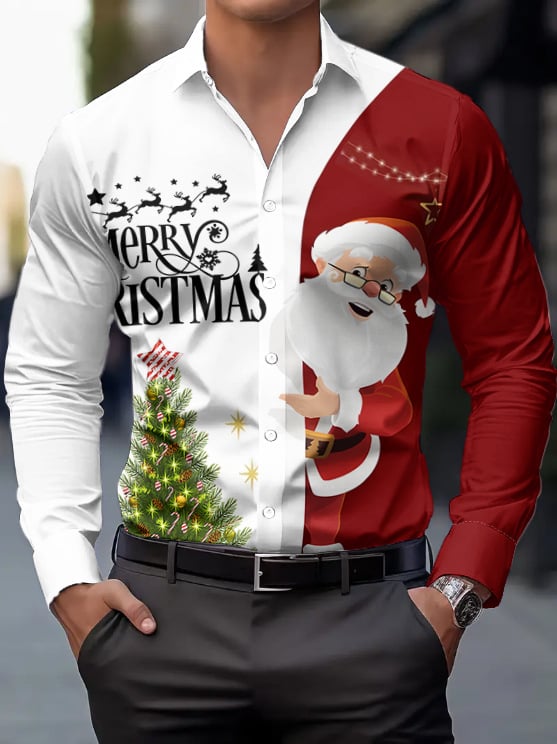 Ανδρικό χριστουγεννιάτικο πουκάμισο με μακριά μανίκια, γιακά πέτο, χριστουγεννιάτικo μοτίβο, 100% πολυεστέρας, ψηφιακή εκτύπωση