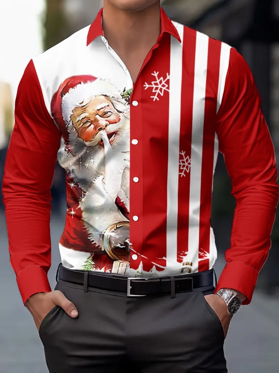Ανδρικό χριστουγεννιάτικο πουκάμισο με μακριά μανίκια, γιακά πέτο, χριστουγεννιάτικo μοτίβο, 100% πολυεστέρας, ψηφιακή εκτύπωση