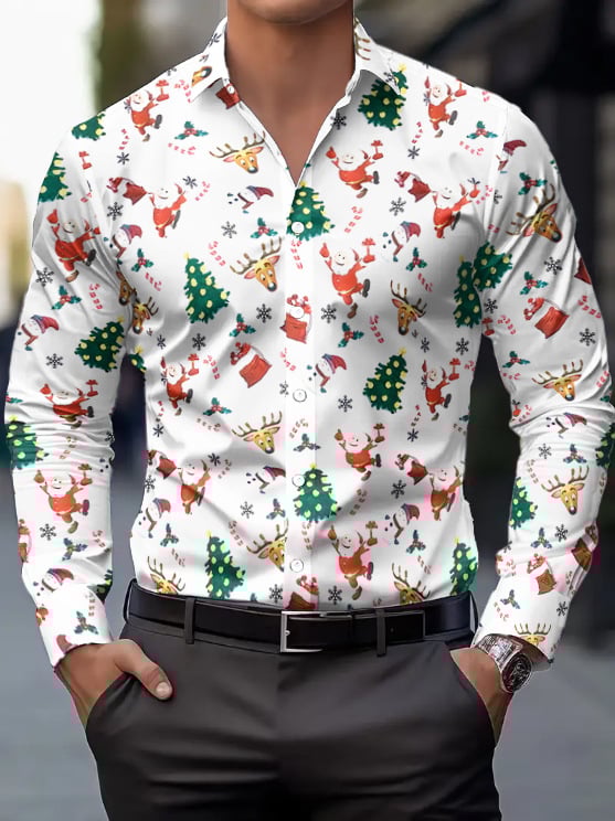 Ανδρικό χριστουγεννιάτικο πουκάμισο με μακριά μανίκια, γιακά πέτο, χριστουγεννιάτικo μοτίβο, 100% πολυεστέρας, ψηφιακή εκτύπωση