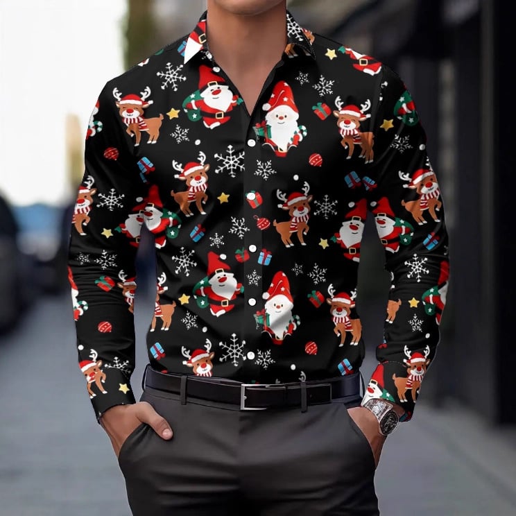 Ανδρικό χριστουγεννιάτικο πουκάμισο με μακριά μανίκια, γιακά πέτο, χριστουγεννιάτικo μοτίβο, 100% πολυεστέρας, ψηφιακή εκτύπωση
